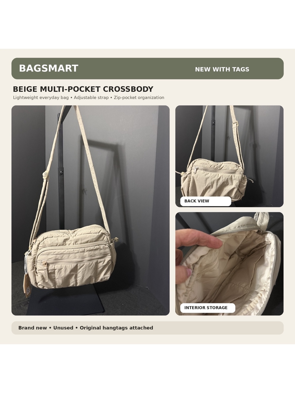 BAGSMART Khaki/Beige Multipocket Crossbody Bag - New with Tags